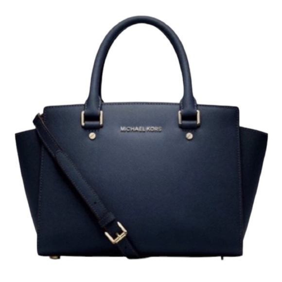 Michael Kors Selma Saffano Navy Leather Gold Tone Hardware Handles/Strap - Picture 6 of 6